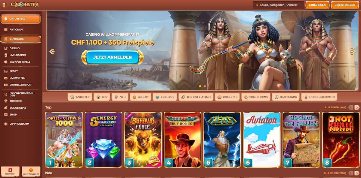 Cleobetra ist ein stilvolles Schweizer Online-Casino, das Sie mit seinem ägyptischen Thema in die Welt der Pharaonen entführt. Mit Tausenden von Spielen und kaum Einschränkungen bietet es ein abwechslungsreiches Spielerlebnis. Neue Kunden profitieren von einem großzügigen Willkommenspaket: 100 % bis 500 € + 200 Freispiele bei der ersten, 75 % bis 300 € + 100 Freispiele bei der zweiten und 50 % bis 200 € + 50 Freispiele bei der dritten Einzahlung – alle mit fairen Bonusbedingungen. Darüber hinaus sorgt Cleobetra mit einem VIP-Programm, Punkteshop, Turnieren und wöchentlichen Herausforderungen für langfristige Motivation. Viele Slots sind zudem im Demomodus spielbar, sodass Sie ganz ohne echtes Geld Spaß haben können.